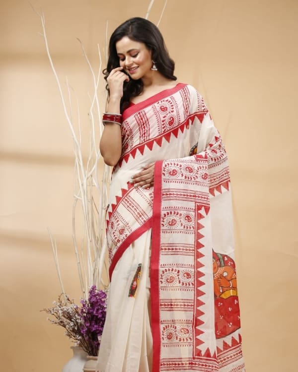 Nakshipar's Red Block Print with Handpaint on Red Border Cotton Saree