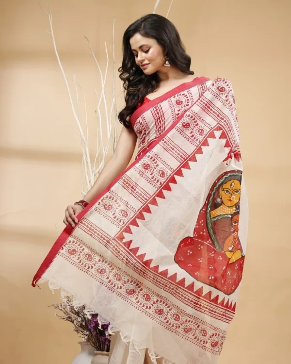 Nakshipar's Red Block Print with Handpaint on Red Border Cotton Saree