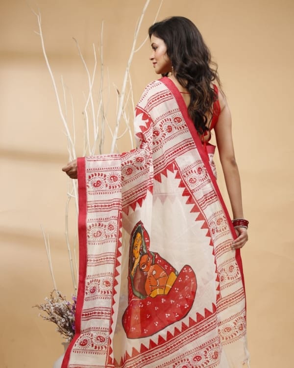 Red Block Print with Handpaint on Red Border Cotton Saree