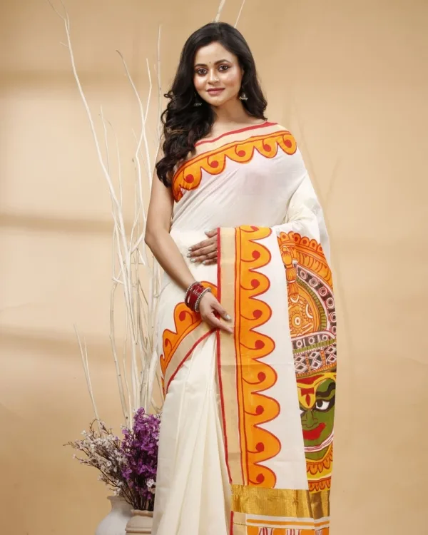 Nakshipar's Multicolour Wave Design on Border Saree with Image at Pallu