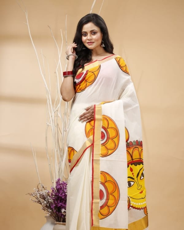 Nakshipar's Multicolour Floral Border Saree with Durga Motif on Pallu