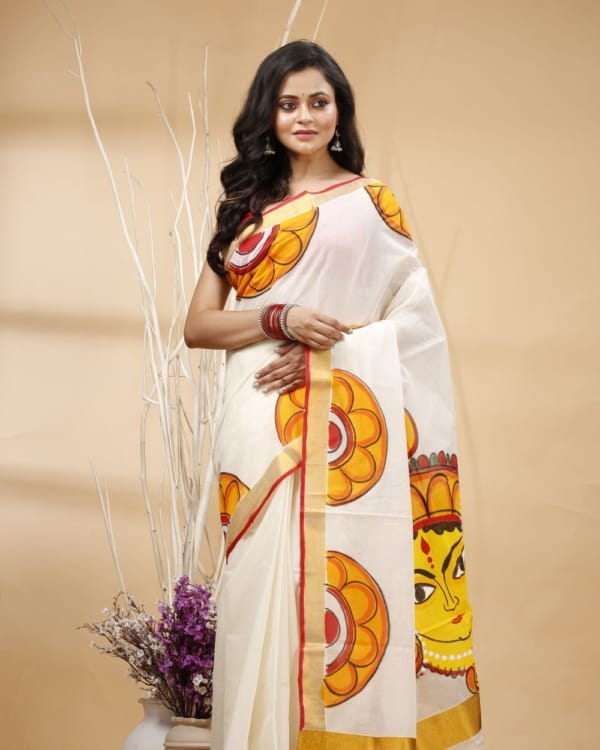 Nakshipar's Multicolour Floral Border Saree with Durga Motif on Pallu