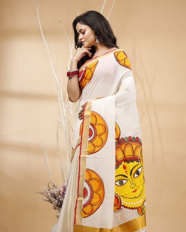 Nakshipar's Multicolour Floral Border Saree with Durga Motif on Pallu