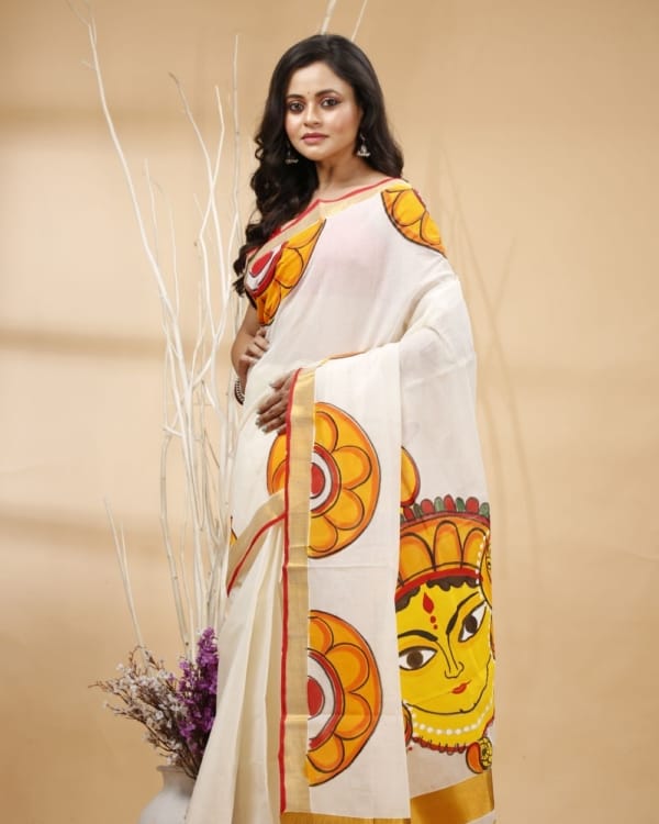 Nakshipar's Multicolour Floral Border Saree with Durga Motif on Pallu