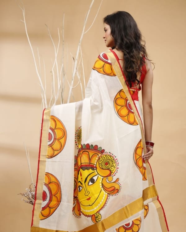 Nakshipar's Multicolour Floral Border Saree with Durga Motif on Pallu