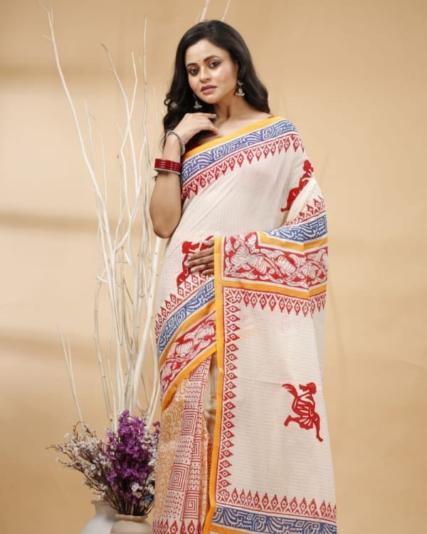 Nakshipar's Red & Blue Block Print with Durga Motif Applique in Pallu on White Cotton Saree