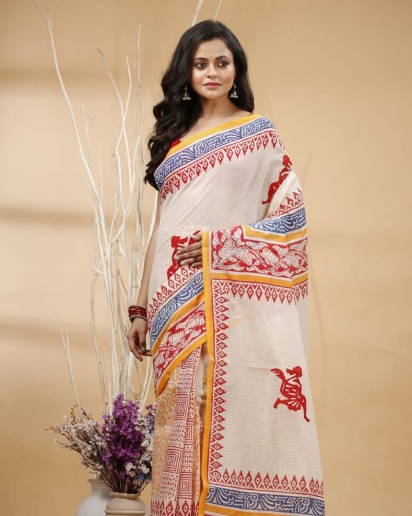 red-blue-block-print-durga-motif-applique-white-cotton-saree