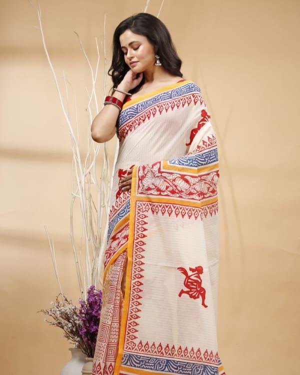 red-blue-block-print-durga-motif-applique-white-cotton-saree