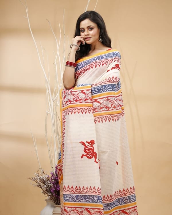 Nakshipar's Red & Blue Block Print with Durga Motif Applique in Pallu on White Cotton Saree