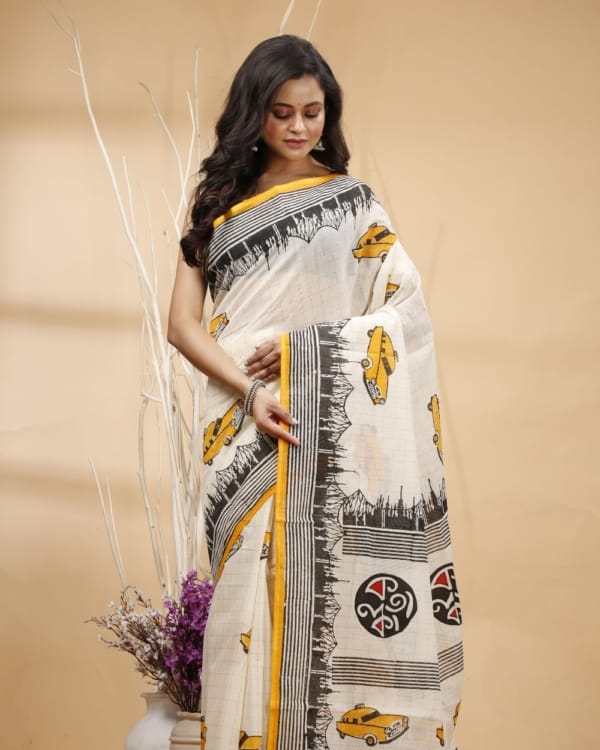 Nakshipar's Black Border Kolkata Motif on White Zari Checks Cotton Saree