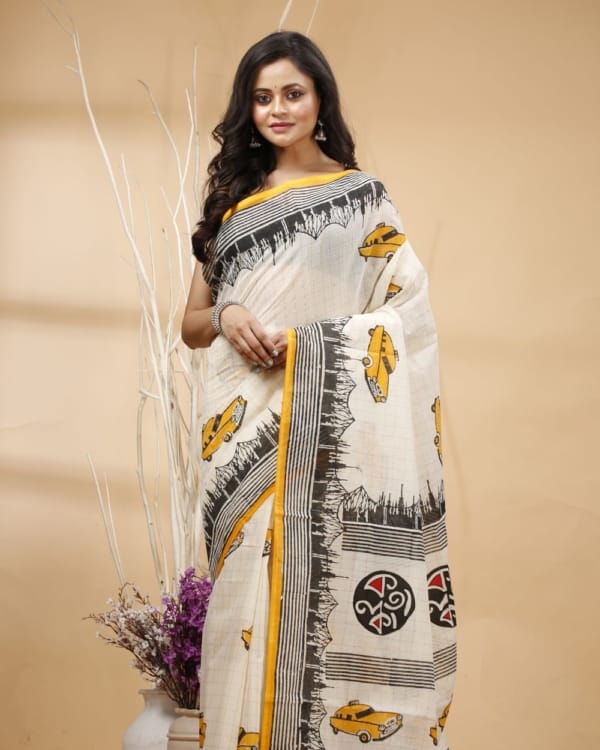 Nakshipar's Black Border Kolkata Motif on White Zari Checks Cotton Saree