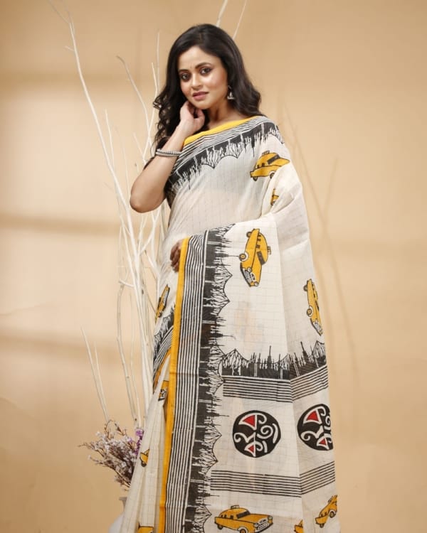 Nakshipar's Black Border Kolkata Motif on White Zari Checks Cotton Saree