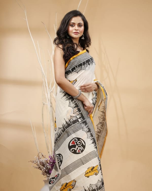 Nakshipar's Black Border Kolkata Motif on White Zari Checks Cotton Saree