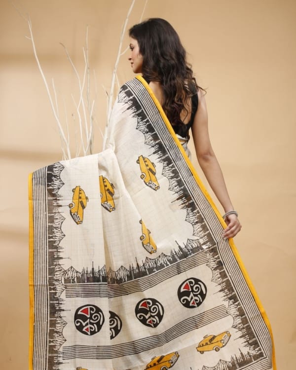 Nakshipar's Black Border Kolkata Motif on White Zari Checks Cotton Saree