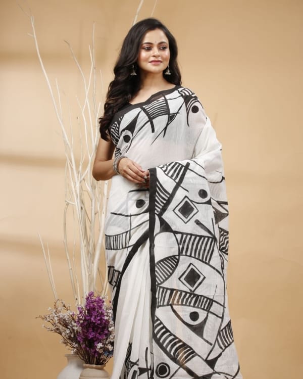 Nakshipar's Black Abstract Handpaint on White Cotton Saree