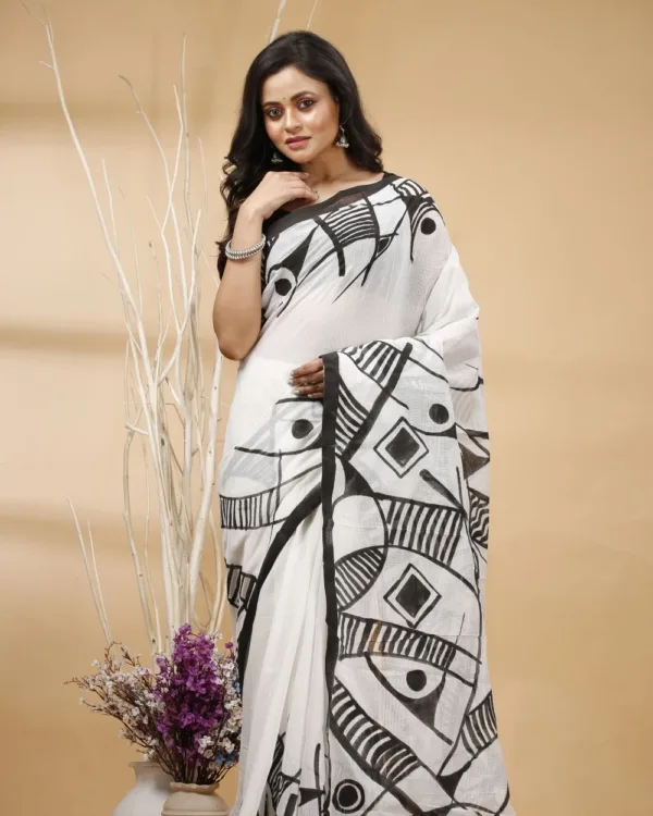 Nakshipar's Black Abstract Handpaint on White Cotton Saree