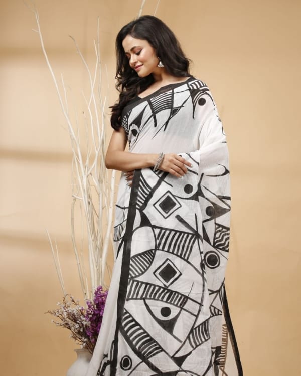 Nakshipar's Black Abstract Handpaint on White Cotton Saree