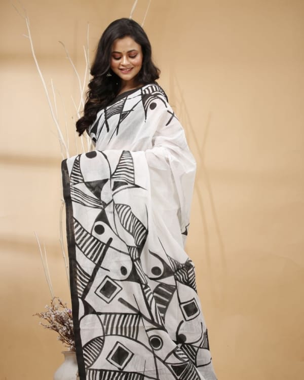 Nakshipar's Black Abstract Handpaint on White Cotton Saree