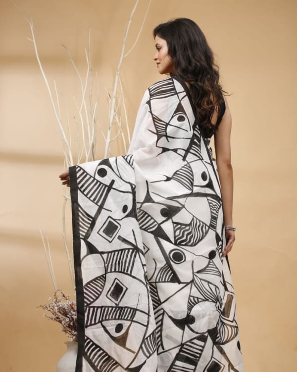 Nakshipar's Black Abstract Handpaint on White Cotton Saree