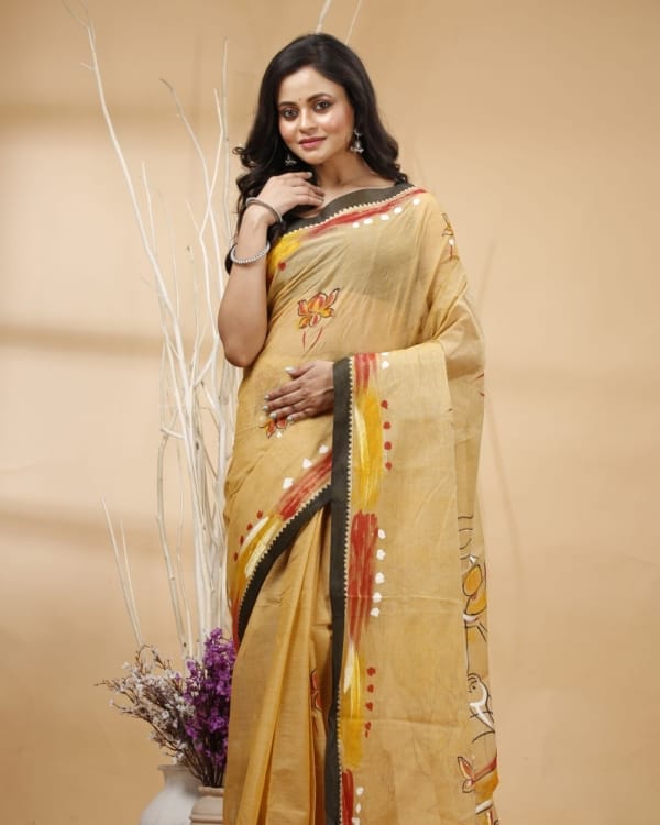 Nakshipar's Abstract Handpaint with Durga Motif at Pallu on Black Border Tussar Colour Cotton Saree