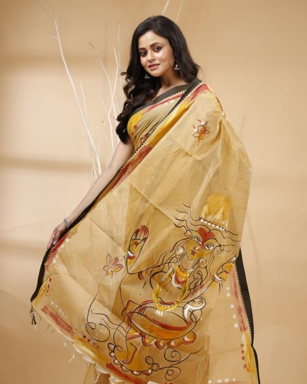 Nakshipar's Abstract Handpaint with Durga Motif at Pallu on Black Border Tussar Colour Cotton Saree