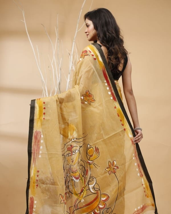 Nakshipar's Abstract Handpaint with Durga Motif at Pallu on Black Border Tussar Colour Cotton Saree