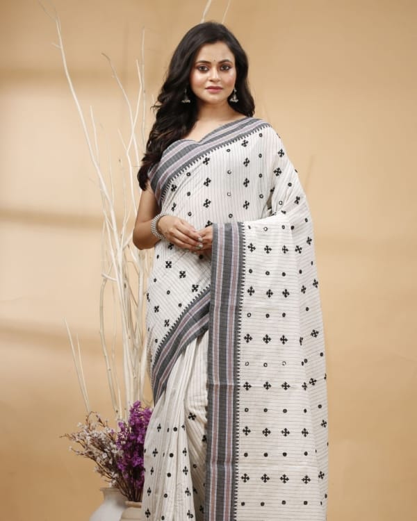 Nakshipar's Black Gujrati Embroidery on Checks White Cotton Saree