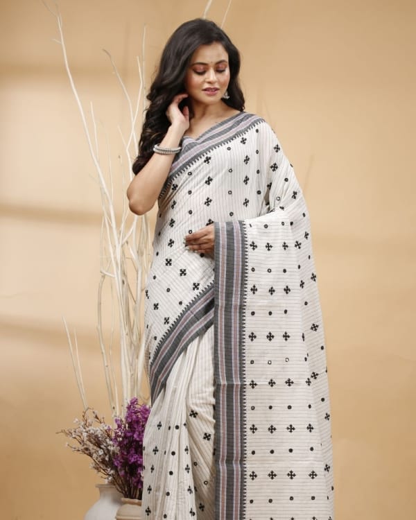 Nakshipar's Black Gujrati Embroidery on Checks White Cotton Saree