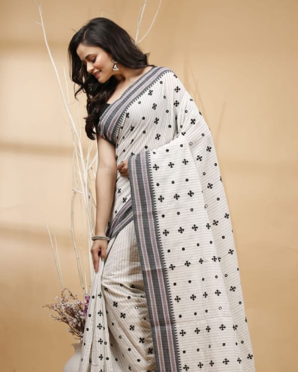 Nakshipar's Black Gujrati Embroidery on Checks White Cotton Saree