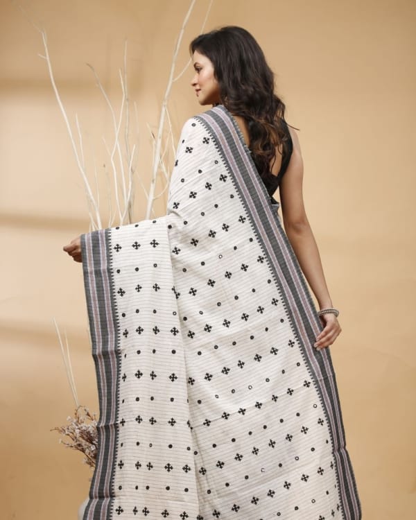 Nakshipar's Black Gujrati Embroidery on Checks White Cotton Saree