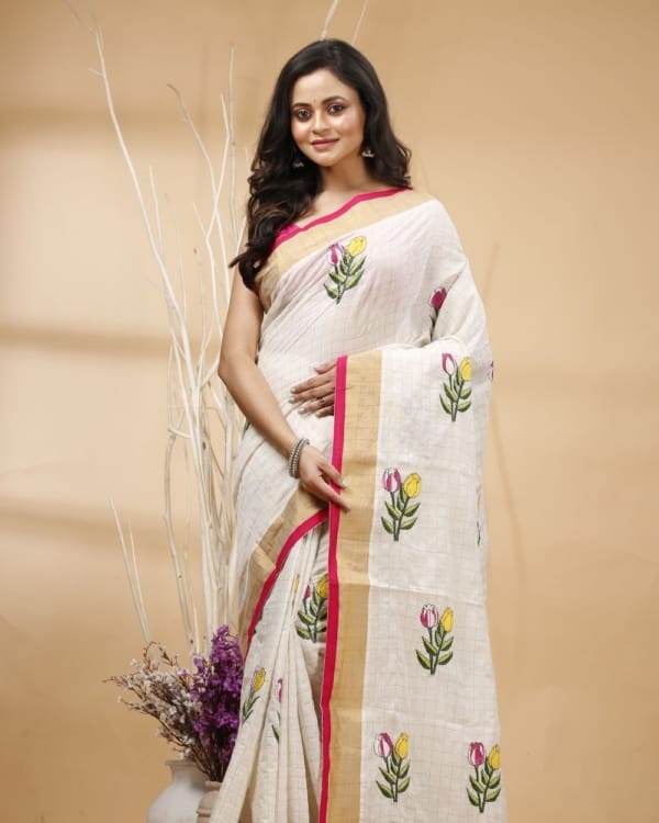 Nakshipar's Kantha Floral Embroidery on Zari Checks White Cotton Saree