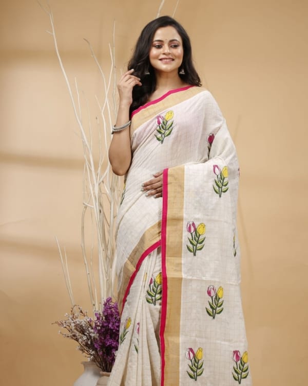 Nakshipar's Kantha Floral Embroidery on Zari Checks White Cotton Saree