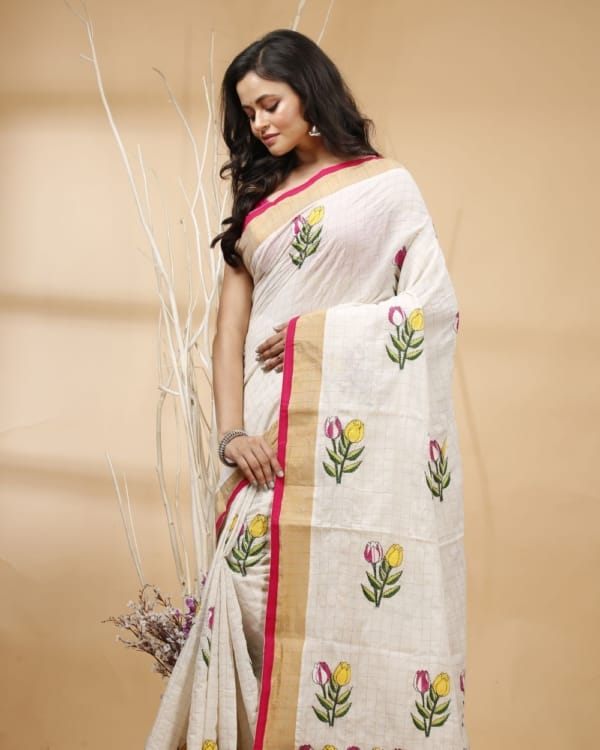 Nakshipar's Kantha Floral Embroidery on Zari Checks White Cotton Saree