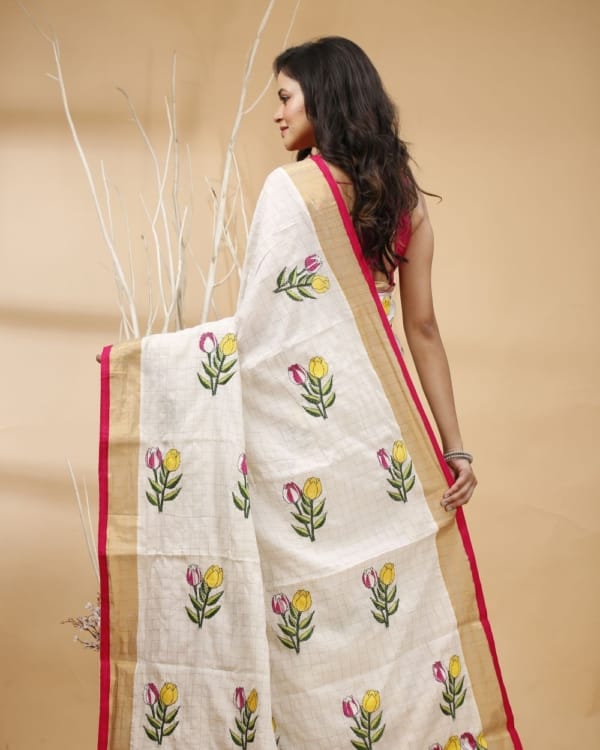 Nakshipar's Kantha Floral Embroidery on Zari Checks White Cotton Saree