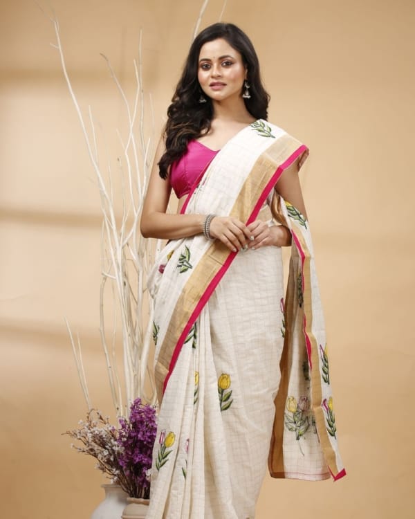 Nakshipar's Kantha Floral Embroidery on Zari Checks White Cotton Saree