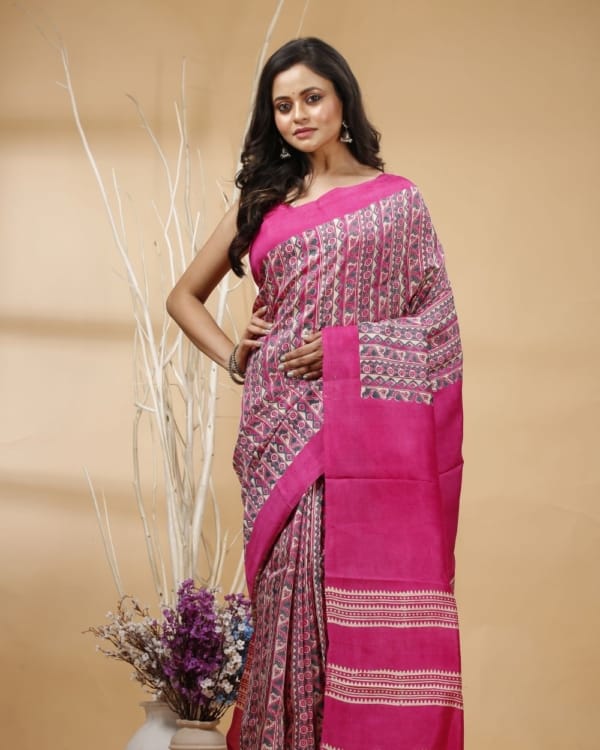 Nakshipar's Gray & Magenta Abstract Print Tussar Saree