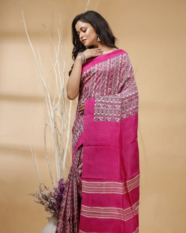 Nakshipar's Gray & Magenta Abstract Print Tussar Saree