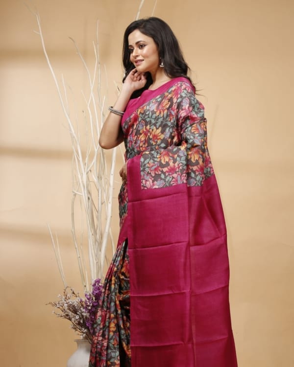 Nakshipar's Multicolour Floral Print on Black Tussar Saree with Magenta Pallu