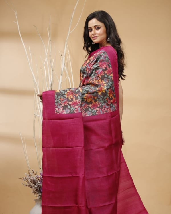 Nakshipar's Multicolour Floral Print on Black Tussar Saree with Magenta Pallu